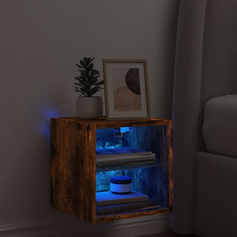 Casa si Gradina - Mobilier - Comode si corpuri - Comode - Comoda TV de perete cu lumini LED, stejar fumuriu 30x28,5x30 cm - Infinity.ro