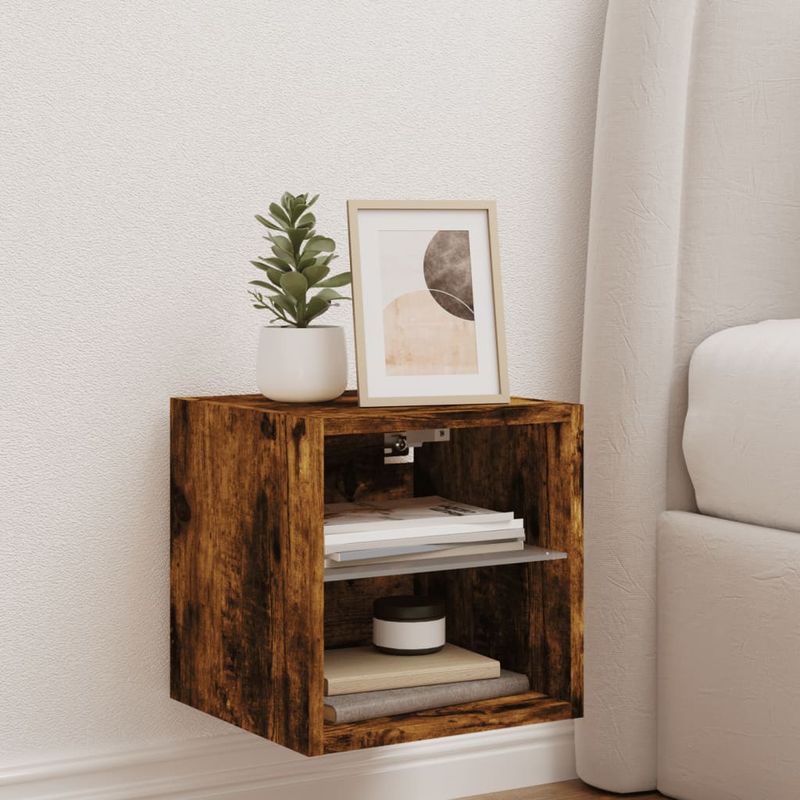 Casa si Gradina - Mobilier - Comode si corpuri - Comode - Comoda TV de perete cu lumini LED, stejar fumuriu 30x28,5x30 cm - Infinity.ro