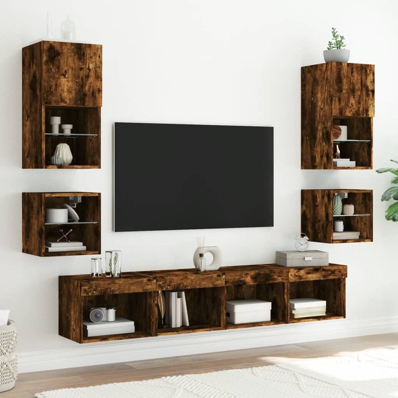 Casa si Gradina - Mobilier - Comode si corpuri - Comode - Comoda TV de perete cu lumini LED, stejar fumuriu 30x28,5x30 cm - Infinity.ro