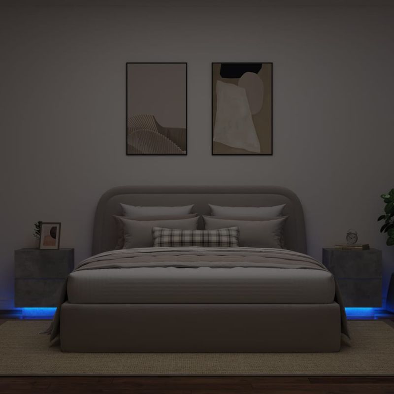 Casa si Gradina - Mobilier - Comode si corpuri - Noptiere - Noptiere cu lumini LED, 2 buc., gri beton, lemn prelucrat - Infinity.ro