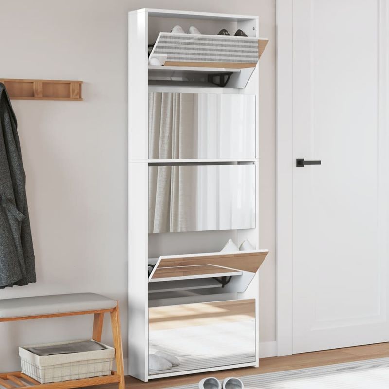Casa si Gradina - Mobilier - Organizare si depozitare - Organizator incaltaminte - Pantofar cu oglinda 5 niveluri, alb extralucios, 63x17x169,5 cm - Infinity.ro
