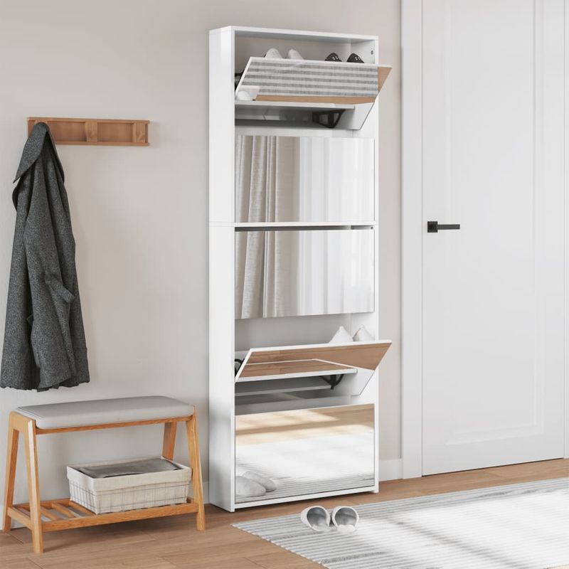 Casa si Gradina - Mobilier - Organizare si depozitare - Organizator incaltaminte - Pantofar cu oglinda 5 niveluri, alb extralucios, 63x17x169,5 cm - Infinity.ro