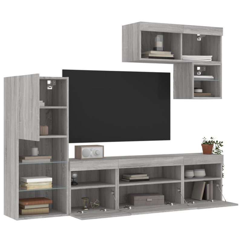 Casa si Gradina - Mobilier - Comode si corpuri - Comode - Unitati de perete TV cu LED-uri, 6 piese, gri sonoma, lemn - Infinity.ro