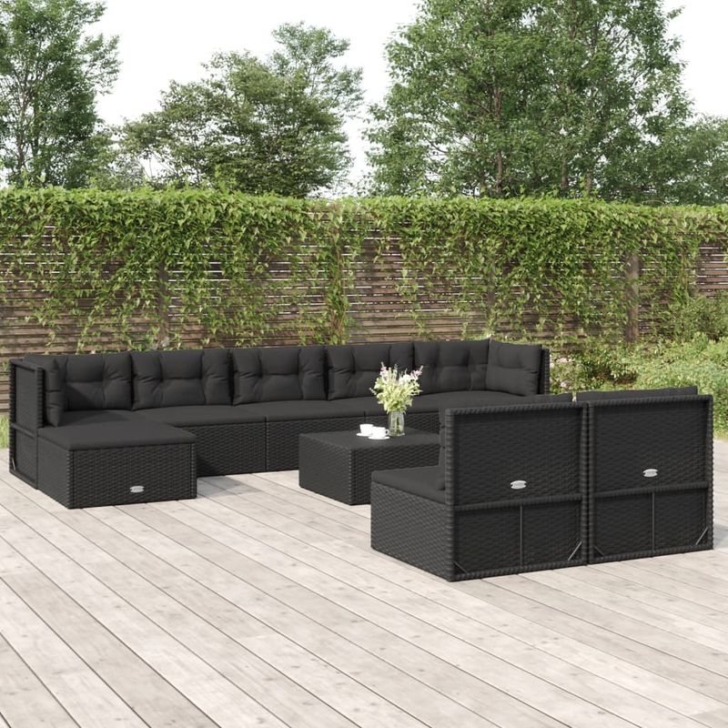 Casa si Gradina - Gradina si terasa - Mobilier exterior - Seturi mobila gradina - Set mobilier de gradina cu perne, 9 piese, negru, poliratan - Infinity.ro