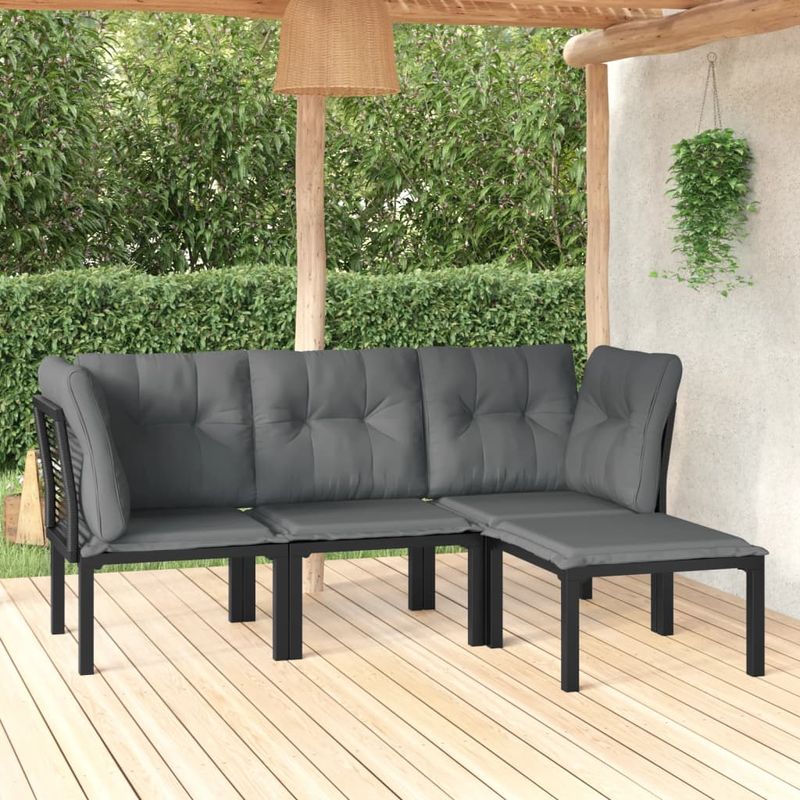 Casa si Gradina - Gradina si terasa - Mobilier exterior - Seturi mobila gradina - Set mobilier de gradina, 4 piese, negru și gri, poliratan, model 2x colț + mijloc + suport pentru picioare - Infinity.ro