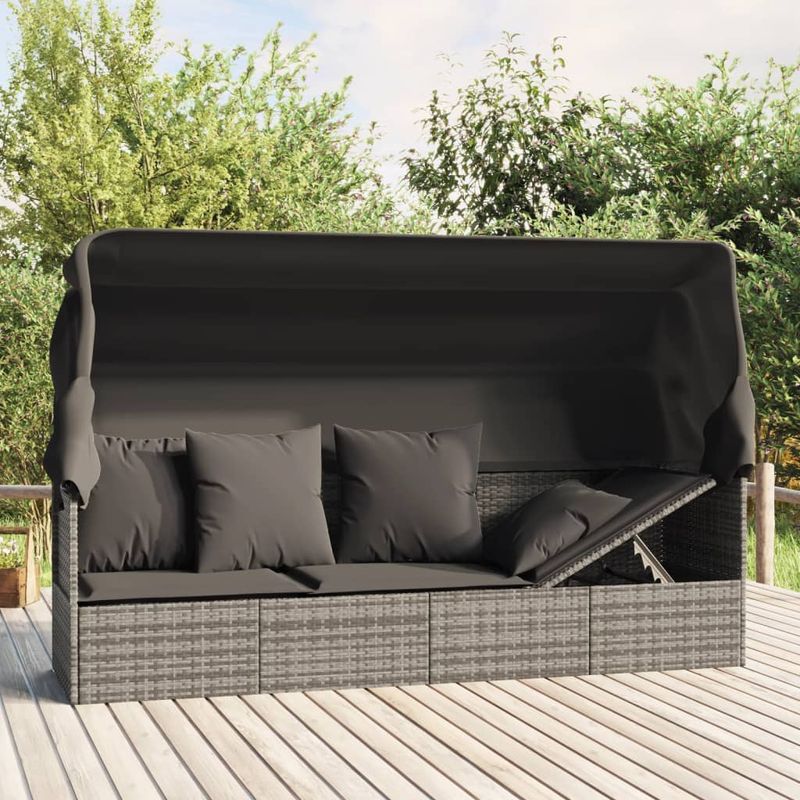 Casa si Gradina - Gradina si terasa - Mobilier exterior - Scaune si sezlonguri gradina - Pat sezlong de exterior cu acoperis si perne, gri, poliratan - Infinity.ro