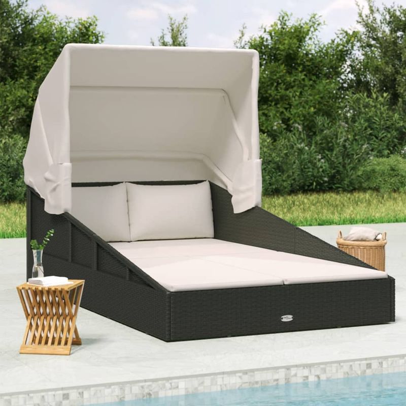 Casa si Gradina - Gradina si terasa - Mobilier exterior - Scaune si sezlonguri gradina - Sezlong cu acoperis pliabil, negru, 200x114x128 cm, poliratan - Infinity.ro
