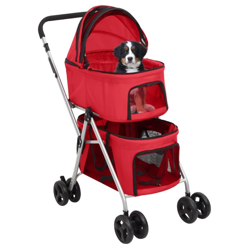 Petshop - Accesorii petshop - Culcusuri si custi - Genti si articole transport - Carucior pliabil caini 2 niveluri rosu 83x48x97cm textil Oxford - Infinity.ro
