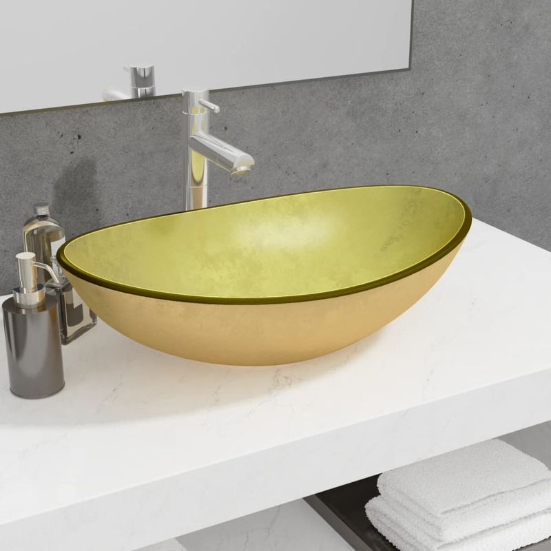 Casa si Gradina - Sanitare - Lavoar baie si accesorii - Lavoare si piedestale - Chiuveta din sticla securizata, auriu, 54,5x35x15,5 cm - Infinity.ro
