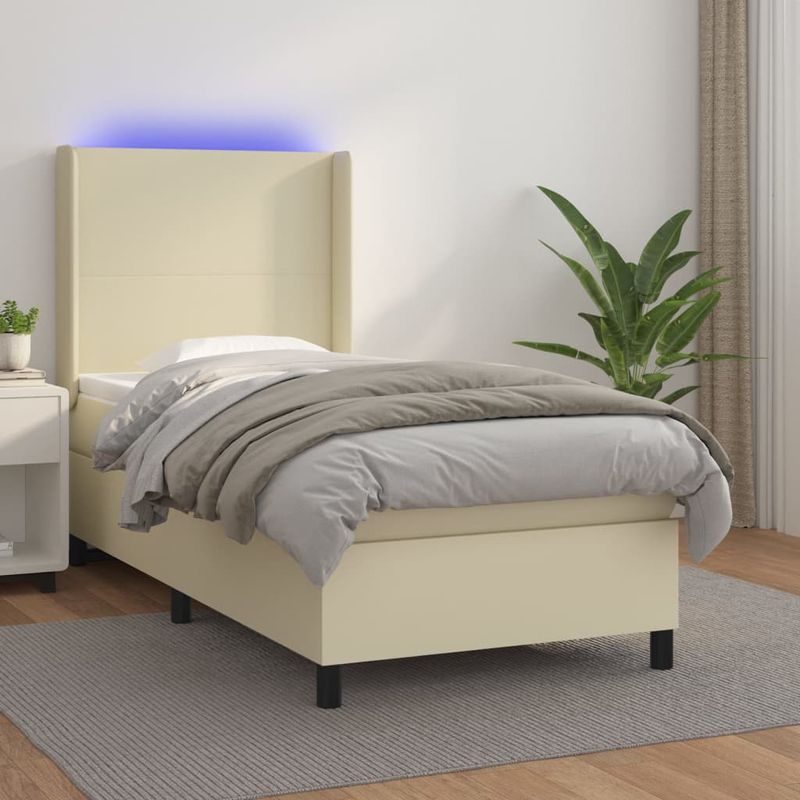 Casa si Gradina - Mobilier - Paturi si accesorii - Paturi - Pat continental cu saltea si LED, saltea si LED, crem, 90x200 cm, piele ecologica - Infinity.ro
