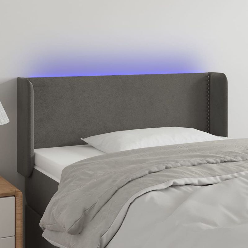 Casa si Gradina - Mobilier - Paturi si accesorii - Accesorii paturi - Tablie de pat cu LED, gri inchis, 93x16x78/88 cm, catifea - Infinity.ro