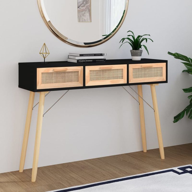 Casa si Gradina - Mobilier - Comode si corpuri - Console - Masa consola negru 105x30x75 cm lemn masiv pin si ratan natural - Infinity.ro