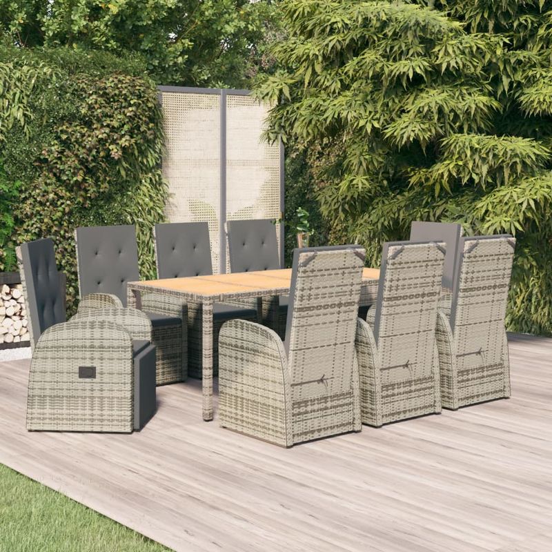 Casa si Gradina - Gradina si terasa - Mobilier exterior - Scaune si sezlonguri gradina - Set mobilier de gradina cu perne, 9 piese, gri, poliratan - Infinity.ro
