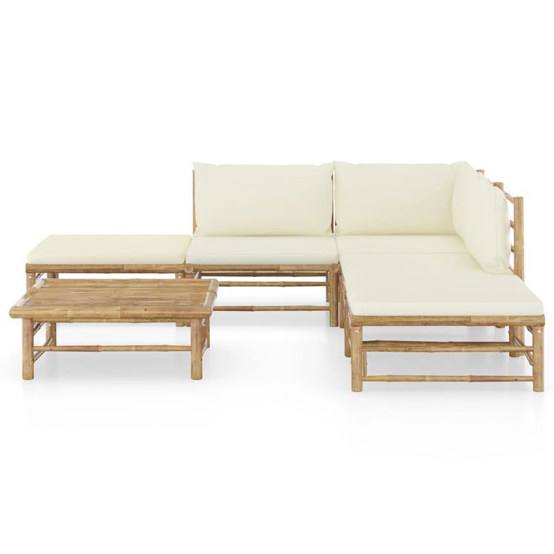 Casa si Gradina - Gradina si terasa - Mobilier exterior - Seturi mobila gradina - Set mobilier de gradina cu perne alb crem, 6 piese, bambus, model colț + 2x mijloc + 2x suport pentru picioare + masă - Infinity.ro