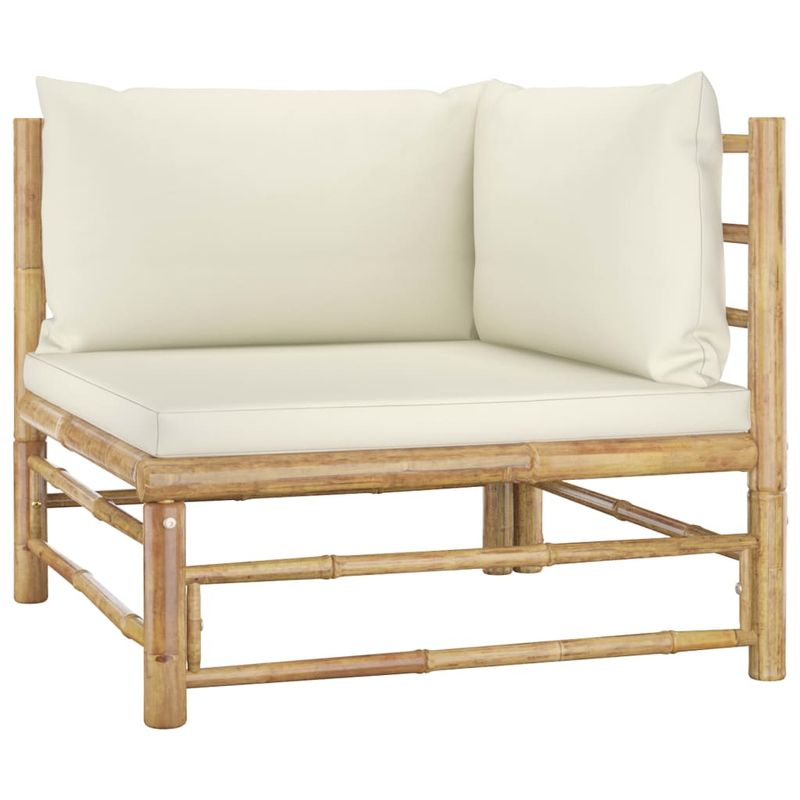 Casa si Gradina - Gradina si terasa - Mobilier exterior - Seturi mobila gradina - Set mobilier de gradina cu perne alb crem, 6 piese, bambus, model colț + 2x mijloc + 2x suport pentru picioare + masă - Infinity.ro