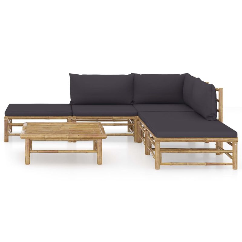 Casa si Gradina - Gradina si terasa - Mobilier exterior - Seturi mobila gradina - Set mobilier de gradina cu perne gri inchis, 6 piese, bambus, model colț + 2x mijloc + 2x suport pentru picioare + masă - Infinity.ro