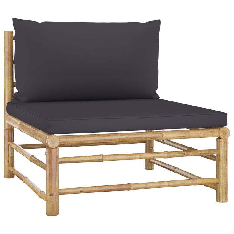 Casa si Gradina - Gradina si terasa - Mobilier exterior - Seturi mobila gradina - Set mobilier de gradina cu perne gri inchis, 6 piese, bambus, model colț + 2x mijloc + 2x suport pentru picioare + masă - Infinity.ro