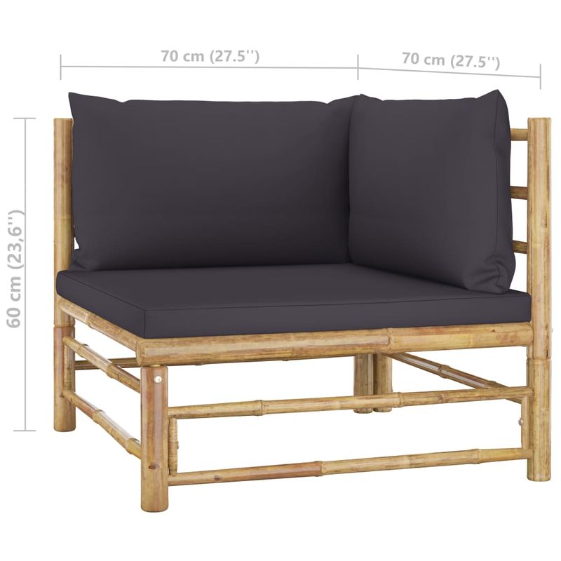 Casa si Gradina - Gradina si terasa - Mobilier exterior - Seturi mobila gradina - Set mobilier de gradina cu perne gri inchis, 6 piese, bambus, model colț + 2x mijloc + 2x suport pentru picioare + masă - Infinity.ro