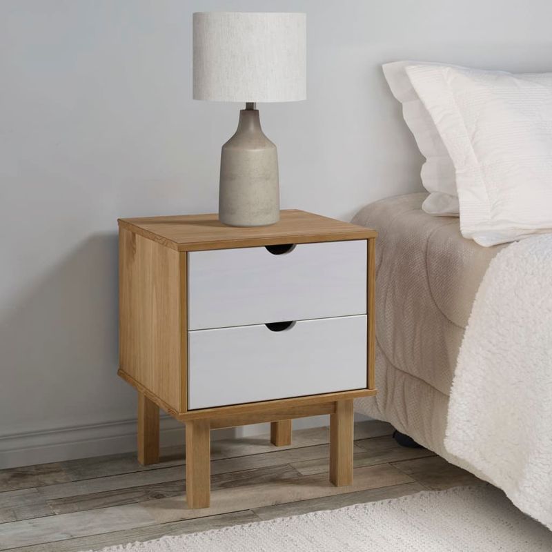 Casa si Gradina - Mobilier - Comode si corpuri - Noptiere - Dulap noptiera "OTTA", maro/alb, 45x39x57 cm, lemn masiv pin - Infinity.ro