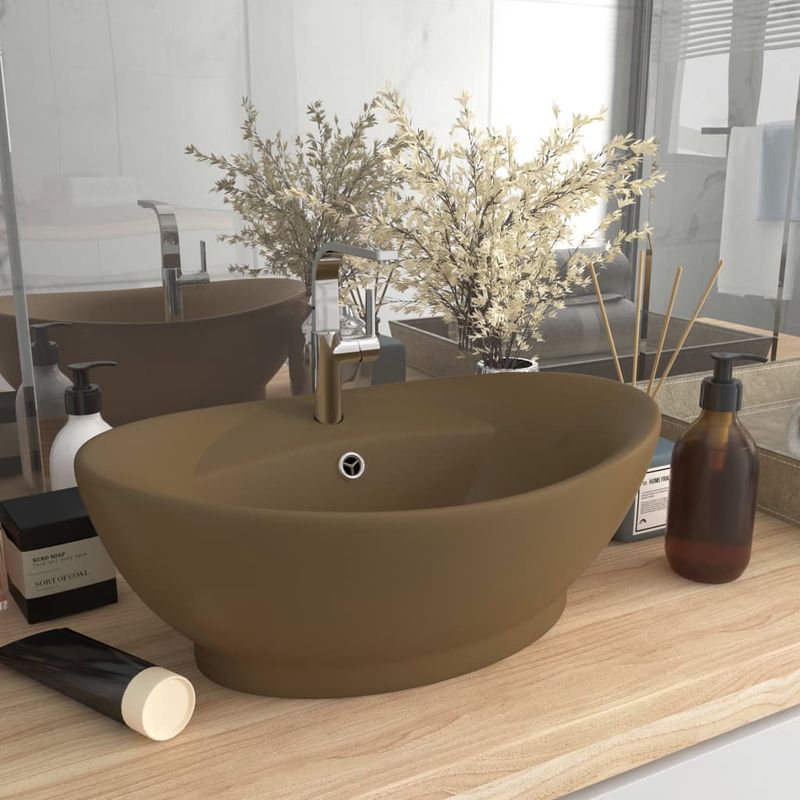 Casa si Gradina - Sanitare - Lavoar baie si accesorii - Lavoare si piedestale - Chiuveta lux cu preaplin, crem mat, 58,5x39 cm ceramica, oval - Infinity.ro