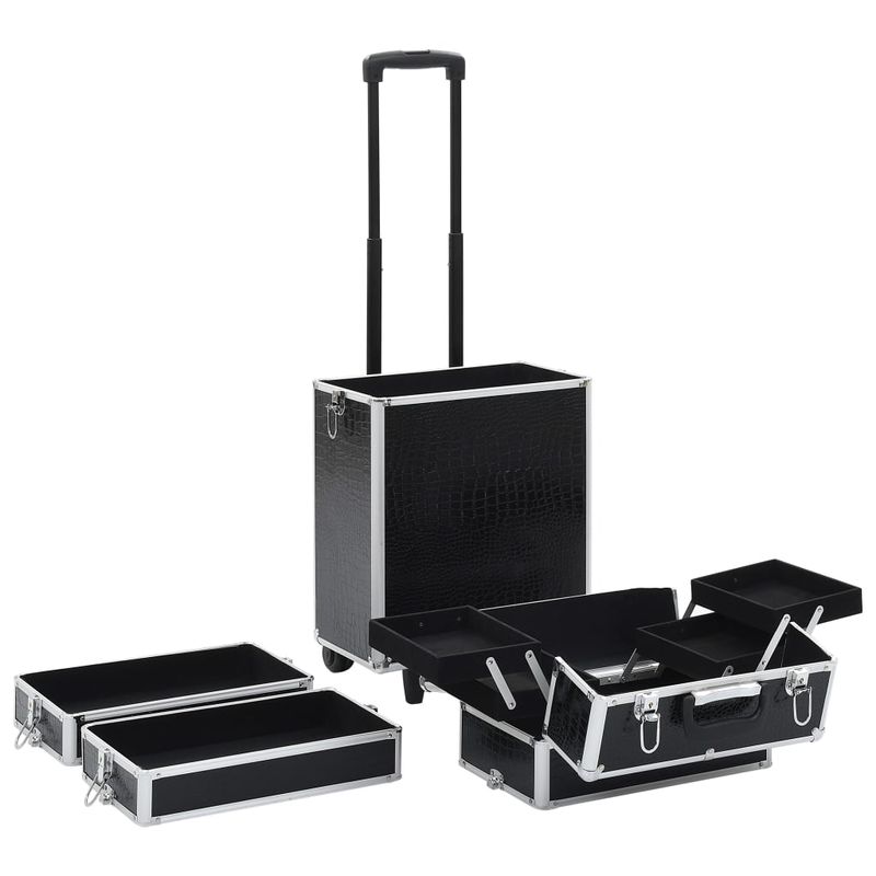 Ingrijire personala si Cosmetice - Machiaj - Portfarduri si genti cosmetice - Troler de cosmetice, model cu crocodil, negru, aluminiu - Infinity.ro