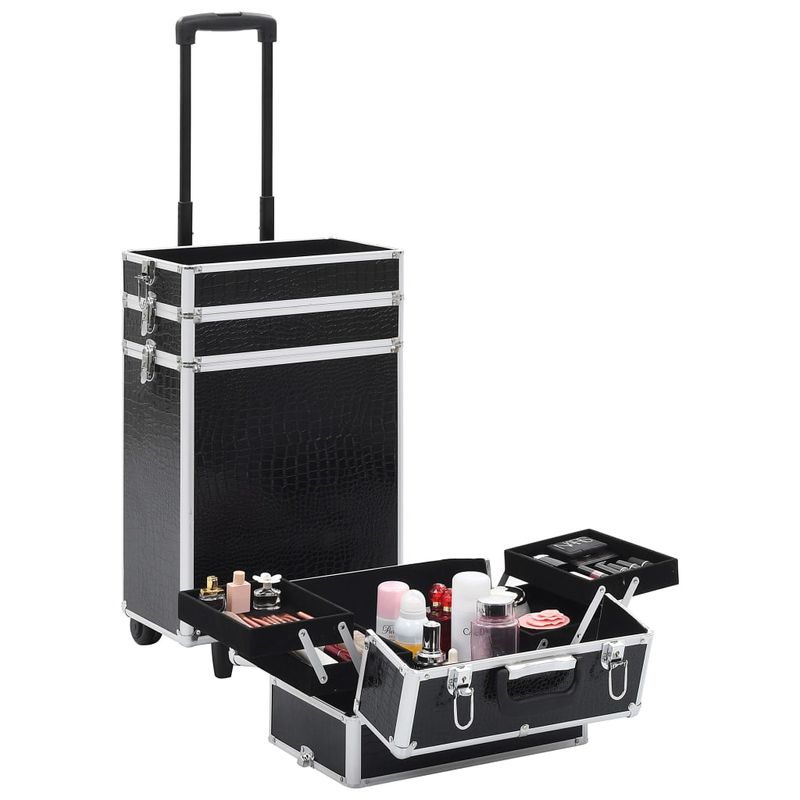 Ingrijire personala si Cosmetice - Machiaj - Portfarduri si genti cosmetice - Troler de cosmetice, model cu crocodil, negru, aluminiu - Infinity.ro