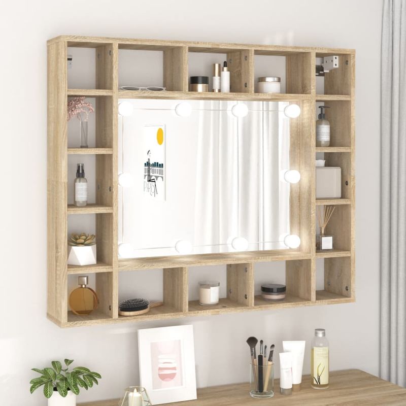 Casa si Gradina - Mobilier - Mobilier baie - Comode baie - Dulap cu oglinda si LED, stejar sonoma, 91x15x76,5 cm - Infinity.ro