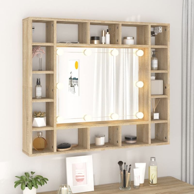 Casa si Gradina - Mobilier - Mobilier baie - Comode baie - Dulap cu oglinda si LED, stejar sonoma, 91x15x76,5 cm - Infinity.ro