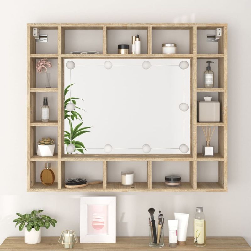 Casa si Gradina - Mobilier - Mobilier baie - Comode baie - Dulap cu oglinda si LED, stejar sonoma, 91x15x76,5 cm - Infinity.ro
