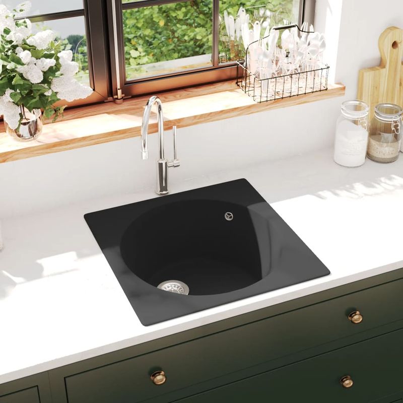 Casa si Gradina - Sanitare - Chiuveta bucatarie si accesorii - Chiuvete bucatarie - Chiuveta de bucatarie cu orificiu de preaplin, negru, granit - Infinity.ro