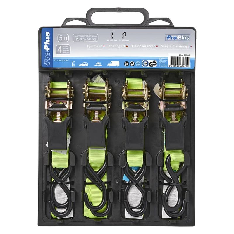 Casa si Gradina - Constructii - Depozitare, transport si protectie - Accesorii echipamente pentru transport si ridicat - ProPlus Set 4 curele de fixare cu clichet + 2 carlige, 5 m 320205 - Infinity.ro