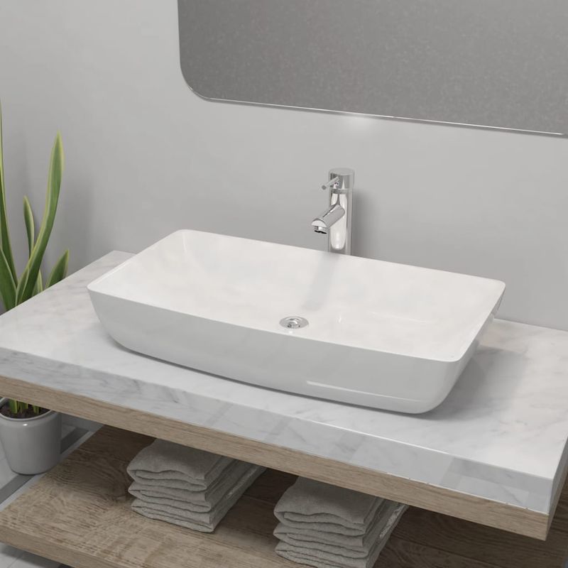 Casa si Gradina - Sanitare - Lavoar baie si accesorii - Lavoare si piedestale - Chiuveta de baie cu robinet mixer, ceramica, dreptunghiular alb - Infinity.ro