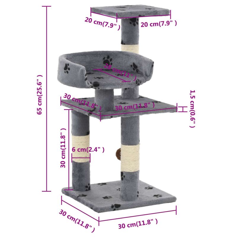 Petshop - Accesorii petshop - Jucarii animale - Ansambluri de joaca - Ansamblu pentru pisici, 65 cm, imprimeu labute, gri - Infinity.ro