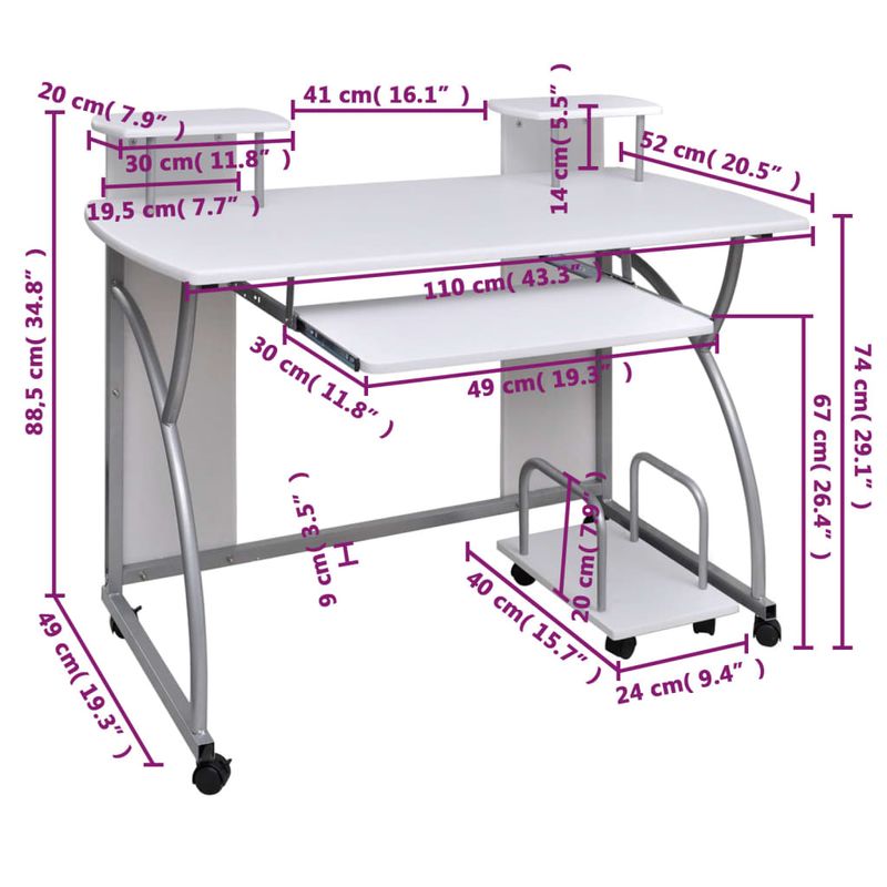 Casa si Gradina - Mobilier - Mese si birouri - Birouri - Birou pentru computer cu raft extensibil pentru tastatura, alb, 110x52x88,5 cm, lemn prelucrat - Infinity.ro