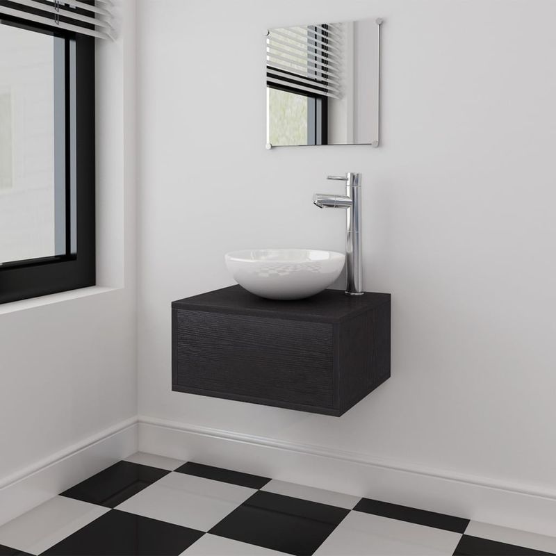 Casa si Gradina - Mobilier - Seturi de mobilier - Seturi baie - Set mobilier baie 4 piese cu chiuveta si robinet incluse, Negru - Infinity.ro