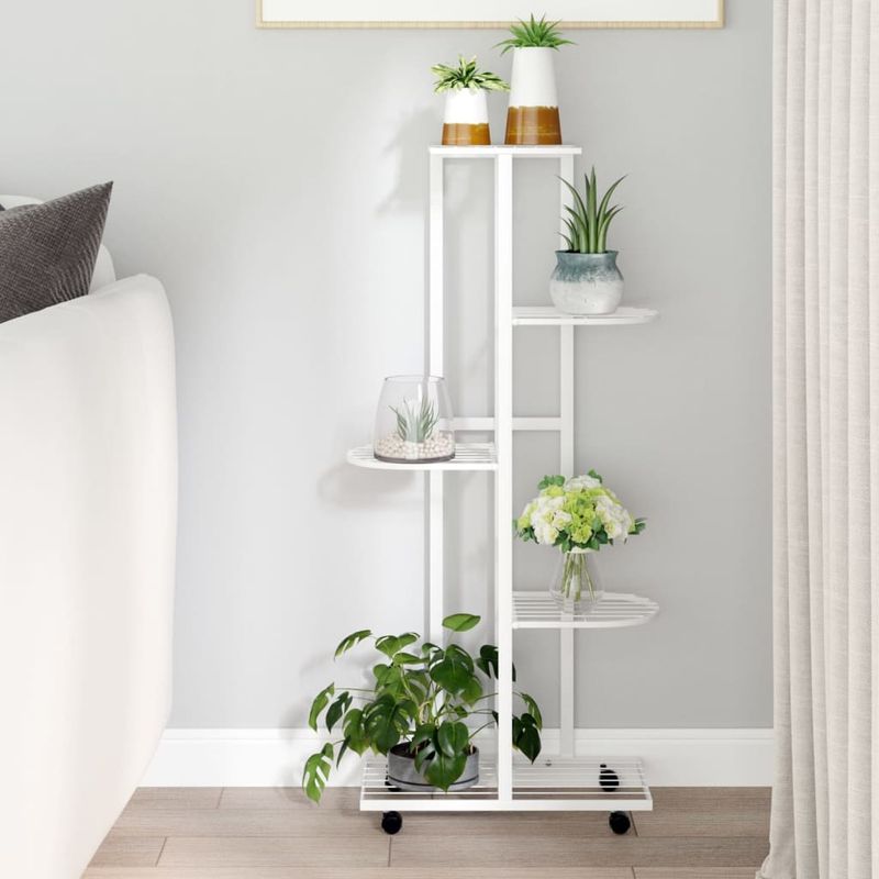 Casa si Gradina - Gradinarit si plante - Plante si ghivece - Ghivece si suporturi - Suport de flori cu 5 etaje, cu roti, alb, 44x23x100 cm, fier - Infinity.ro