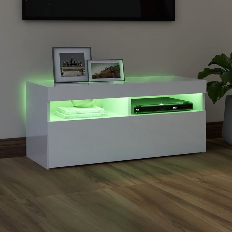 Casa si Gradina - Mobilier - Comode si corpuri - Comode - Comoda TV cu lumini LED, alb extralucios, 90x35x40 cm - Infinity.ro