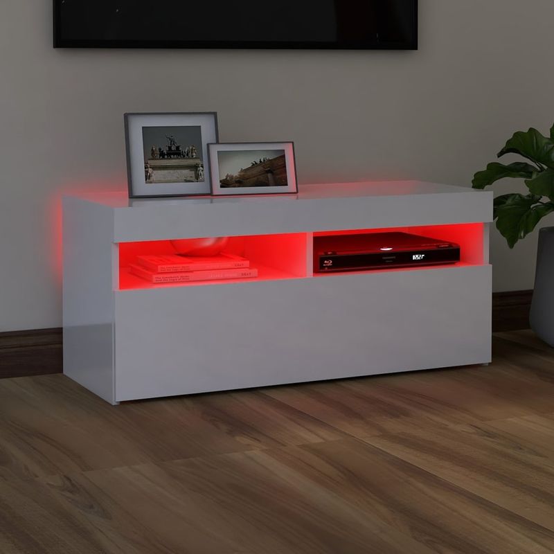 Casa si Gradina - Mobilier - Comode si corpuri - Comode - Comoda TV cu lumini LED, alb extralucios, 90x35x40 cm - Infinity.ro