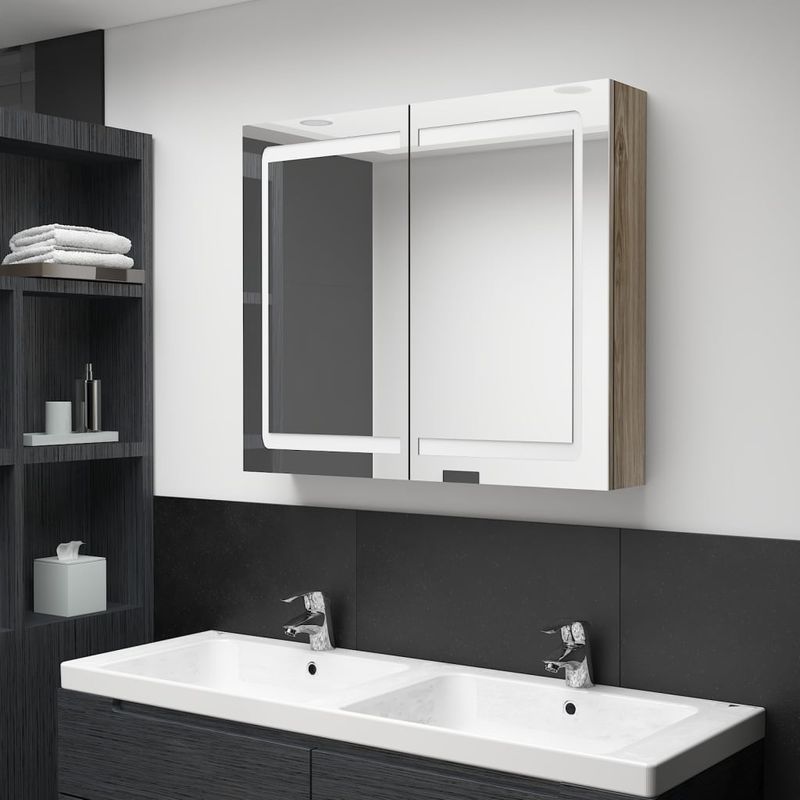 Casa si Gradina - Mobilier - Mobilier baie - Corpuri baie - Dulap de baie cu oglinda si LED, stejar, 80x12x68 cm - Infinity.ro