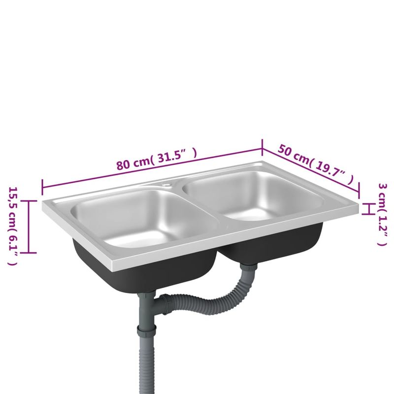 Casa si Gradina/Sanitare/Chiuveta bucatarie si accesorii/Chiuvete bucatarie - Chiuveta bucatarie cu 2 cuve, argintiu, 800x500x155 mm, otel - Infinity.ro