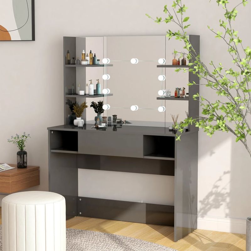 Casa si Gradina - Mobilier - Comode si corpuri - Masute de toaleta - Masa de machiaj cu lumini LED, gri lucios, 100x40x135 cm, MDF - Infinity.ro