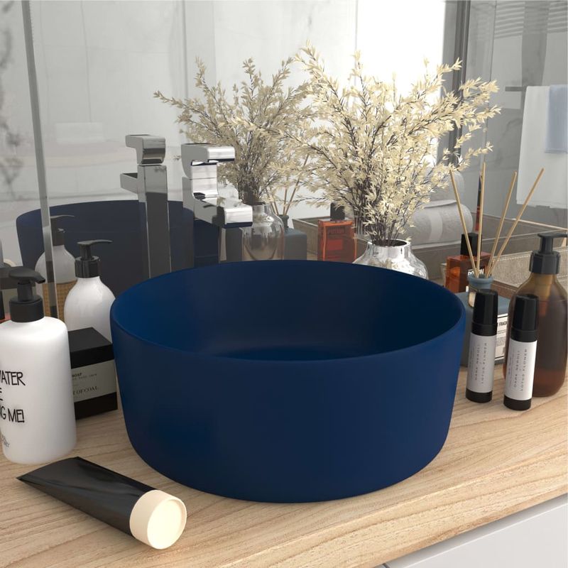 Casa si Gradina - Sanitare - Lavoar baie si accesorii - Lavoare si piedestale - Chiuveta de baie lux albastru inchis mat 40x15 cm ceramica rotund - Infinity.ro