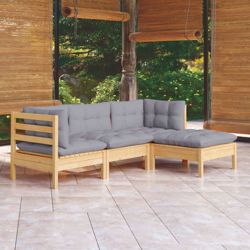 Casa si Gradina - Gradina si terasa - Mobilier exterior - Seturi mobila gradina - Set mobilier gradina cu perne, 4 piese, gri, lemn de pin - Infinity.ro