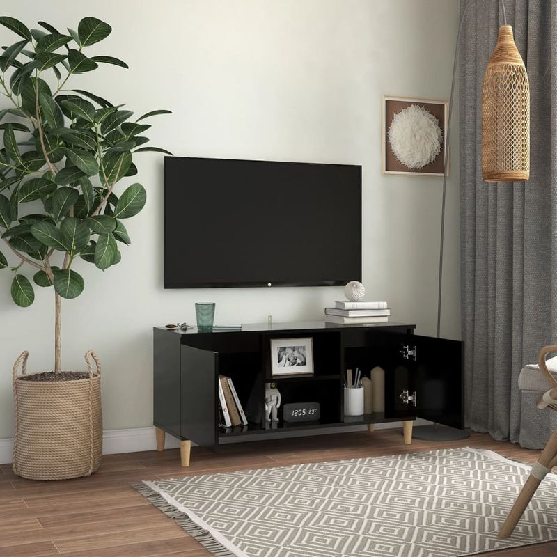 Casa si Gradina - Mobilier - Comode si corpuri - Comode - Comoda TV cu picioare din lemn masiv, picioare lemn masiv, negru, 103,5x35x50 cm - Infinity.ro