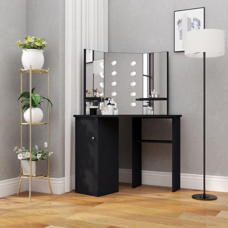 Casa si Gradina - Mobilier - Comode si corpuri - Masute de toaleta - Masa pentru machiaj de colt cu lumini LED, cu LED, negru, 111x54x141,5 cm - Infinity.ro