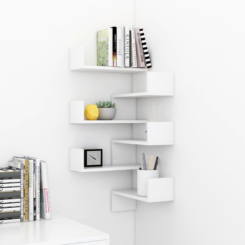 Casa si Gradina/Mobilier/Biblioteci si rafturi/Rafturi - Raft de perete pe colt 2 buc alb extralucios 40x40x50 cm PAL - Infinity.ro