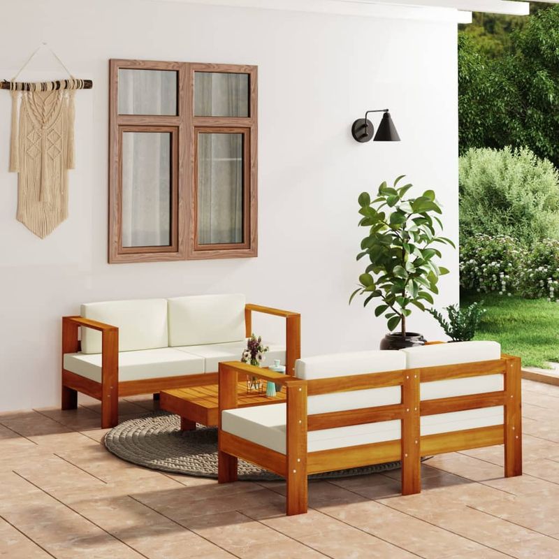 Casa si Gradina - Gradina si terasa - Mobilier exterior - Seturi mobila gradina - Set mobilier gradina cu perne alb crem, 3 piese, lemn masiv, model 2x canapea cu 2 locuri + masă - Infinity.ro