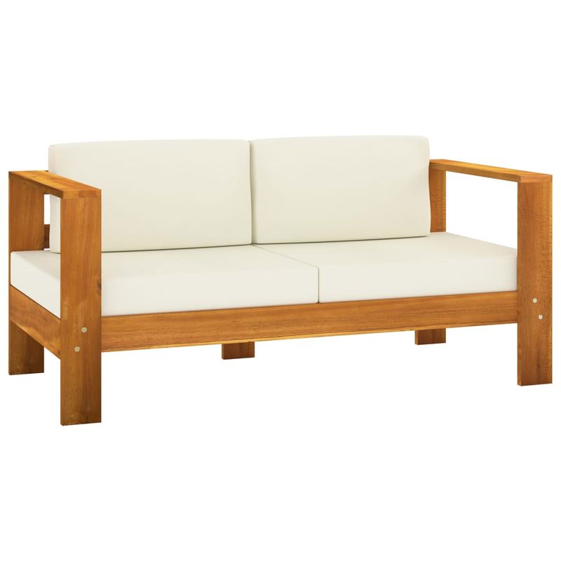 Casa si Gradina - Gradina si terasa - Mobilier exterior - Seturi mobila gradina - Set mobilier gradina cu perne alb crem, 3 piese, lemn masiv, model 2x canapea cu 2 locuri + masă - Infinity.ro