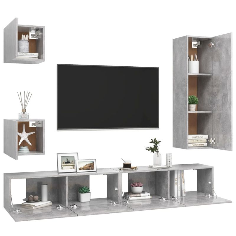 Casa si Gradina - Mobilier - Seturi de mobilier - Seturi living - Set dulapuri TV, 5 piese, gri beton, lemn prelucrat - Infinity.ro