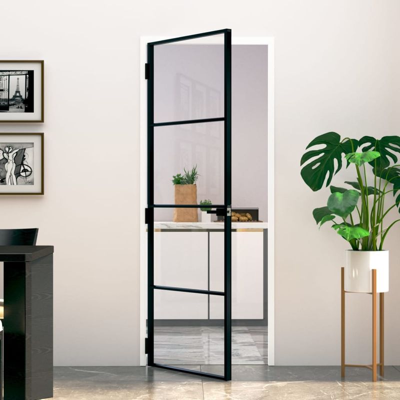 Casa si Gradina - Constructii - Usi interior, exterior si garaj - Usi interior - Usa de interior negru 76x201,5 cm sticla securiz./aluminiu slim, negru și transparent, model 3 bare orizontale - Infinity.ro